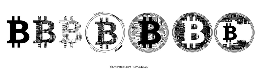 Set of bitcoin sign icons. Bitcoin digital cryptocurrency in circuit board style. Vector Illustration