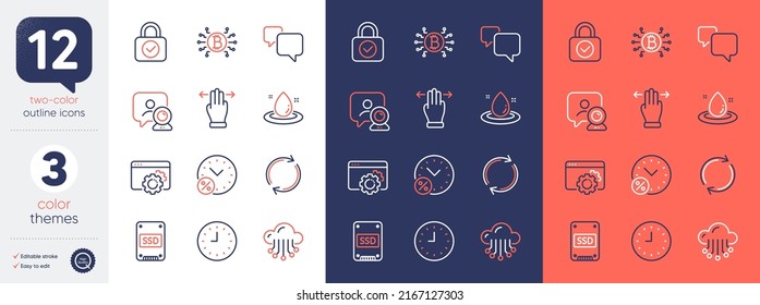 Set of Bitcoin system, Multitasking gesture and Seo gear line icons. Include Video conference, Full rotation, Loan percent icons. Fuel energy, Security lock, Ssd web elements. Vector