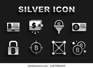 Set Bitcoin in the target, Credit card with bitcoin, Blockchain technology, Lock, Sales funnel, Mining from laptop and Cryptocurrency wallet icon. Vector