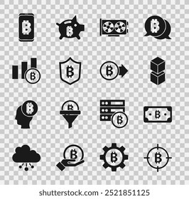 Set Bitcoin in the target, Cryptocurrency bitcoin, Blockchain technology, Video graphic card, Shield with, Pie chart infographic, Mining from mobile and  icon. Vector