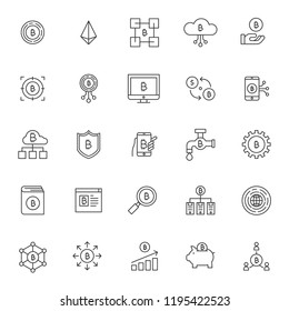 set of bitcoin technology system icons with simple thin line concept and editable stroke