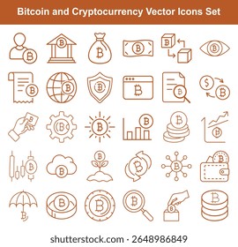 A set of bitcoin themed line icons illustrates digital currency concepts, showing assets, transactions, security, and growth, all with clean and precise line work.
