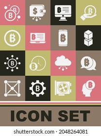 Ajuste el pensamiento de Bitcoin, la tecnología Blockchain, bitcoin de minería de monitor, laptop e icono móvil. Vector