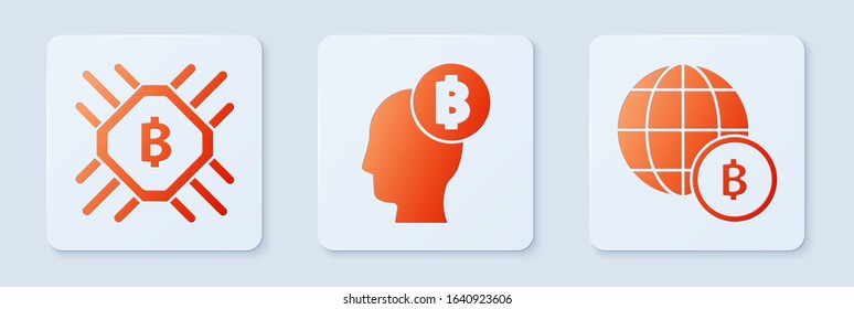 Set Bitcoin think, CPU mining farm and Globe and cryptocurrency coin Bitcoin. White square button. Vector