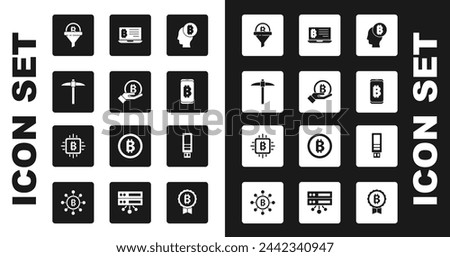 Set Bitcoin think, Hand holding, Pickaxe, Sales funnel with bitcoin, Mining from mobile, laptop, USB flash drive and CPU mining farm icon. Vector