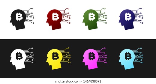 Set Bitcoin think icon isolated on black and white background. Cryptocurrency head. Blockchain technology, bitcoin, digital money market, cryptocoin wallet. Vector Illustration