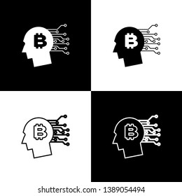 Set Bitcoin think icons on black and white background. Cryptocurrency head. Blockchain technology, bitcoin, digital money market, cryptocoin wallet. Line, outline and linear icon. Vector Illustration