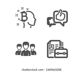 Set of Bitcoin think, Like and Group icons. Vacancy sign. Cryptocurrency head, Star rating, Group of people. Hiring job.  Classic design bitcoin think icon. Flat design. Vector