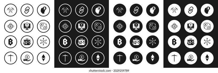 Set Bitcoin think, Monitor and Cryptocurrency Ethereum ETH, CPU mining farm, Crossed pickaxe, exchange, Chain link, Blockchain technology and  icon. Vector