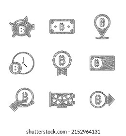 Set Bitcoin, Video graphic card, Credit with bitcoin, Hand holding, clock,  and Piggy bank icon. Vector