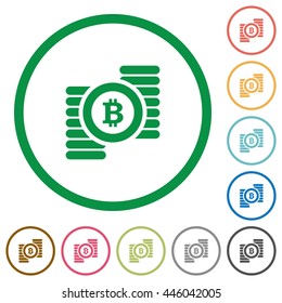 Set of Bitcoins color round outlined flat icons on white background
