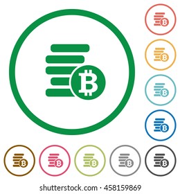 Set of Bitcoins color round outlined flat icons on white background