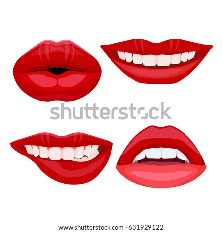 Set of bite lips with dental smile, sexy ideal teeth in open mouth