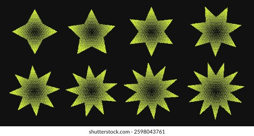Set of bitmap gradient stars in acid yellow color. Abstract geometric elements with a retro-futuristic vibe, perfect for digital art, posters, backgrounds, and creative projects.