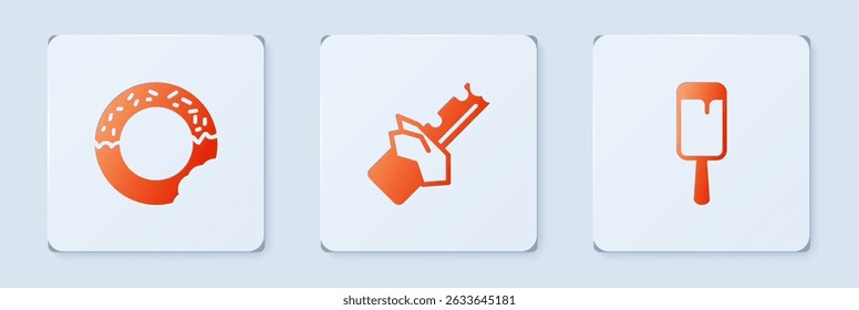 Set Bitten chocolate bar, Donut and Ice cream. White square button. Vector