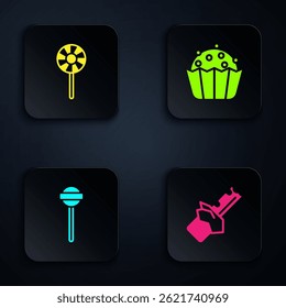 Set Bitten chocolate bar, Lollipop,  and Cupcake. Black square button. Vector