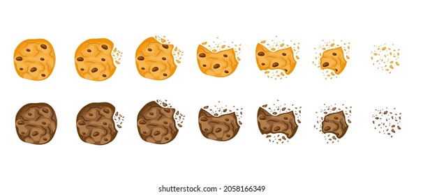 Se coloca con una imagen vectorial de galletas de chocolate mordidas en un estilo plano de caricatura aislado en fondo blanco. Biscuits rotos con migajas