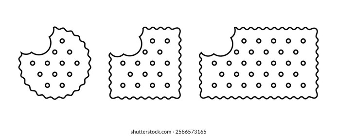 Set of bitten cracker icons. Sweet or salty biscuit cookies in round, square and rectangle shapes. Popular crunchy snacks isolated on white background. Vector outline illustration.