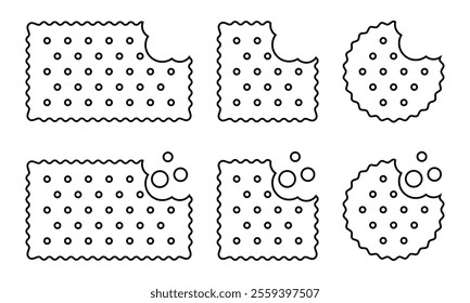 Set of bitten crackers with crumbs icons. Sweet or salty biscuit cookies in round, square and rectangle shapes. Children's crunchy snacks isolated on white background. Vector outline illustration.