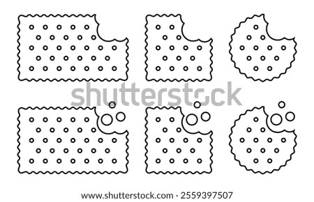 Set of bitten crackers with crumbs icons. Sweet or salty biscuit cookies in round, square and rectangle shapes. Children's crunchy snacks isolated on white background. Vector outline illustration.