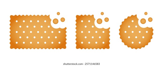 Set of bitten crackers with crumbs. Sweet or salty biscuit cookies in rectangle, square and round shapes. Crunchy snacks isolated on white background. Vector cartoon illustration.