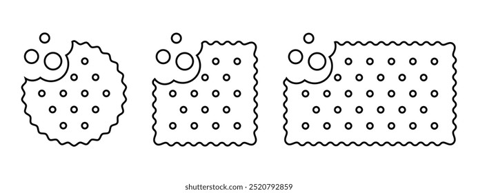 Set of bitten crackers icons with crumbs. Sweet or salty biscuit cookies in round, square and rectangle shapes. Popular crunchy snacks isolated on white background. Vector outline illustration.