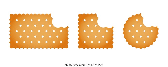 Conjunto de galletas mordidas. Galletas dulces o saladas en Formas redondas, cuadradas y rectangulares. Populares niños aperitivos crujientes aislados sobre fondo blanco. Vector ilustración de dibujos animados.