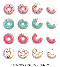 Set of bitten donuts. Collection of graphic elements for website. Sweetness, dessert and delicacy. Stages of eating sweet product. Cartoon flat vector illustrations isolated on white background