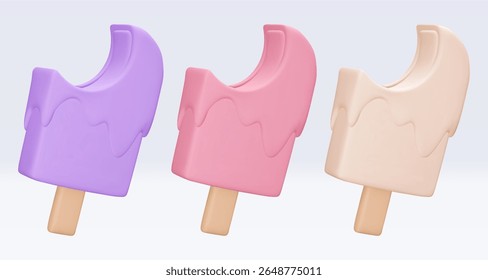 Set bitten Ice cream with chokolate glaze, icon, 3d render. Design elements. Realistic fast food icon. Sweet food. Vector illustration isolated on white for menu, shop, flyer, banner, web, adv, sale