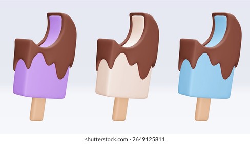 Set bitten Ice cream with chokolate glaze, icon, 3d render. Design elements. Realistic fast food icon. Sweet food. Vector illustration isolated on white for menu, shop, flyer, banner, web, adv, sale