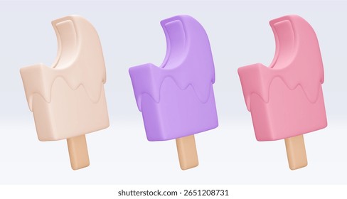 Set bitten Ice cream with chokolate glaze, icon, 3d render. Design elements. Realistic fast food icon. Sweet food. Vector illustration isolated on white for menu, shop, flyer, banner, web, adv, sale