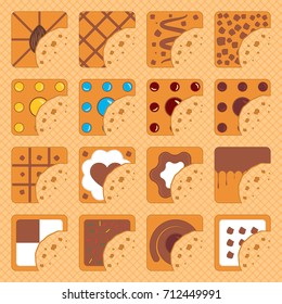 Set of bitten square cookies with crumbs on a waffle background. Vector illustration.