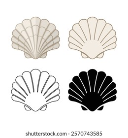 A set of bivalve clam icons. Seashell. Marine life. Black outline and silhouette, colored icon. Vector illustration for design and web.