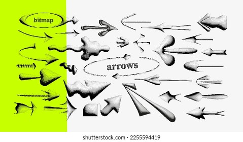 set of bizarre unusual arrows in pseudo 3d halftone style. Forms of figures in the modern style of brutalism