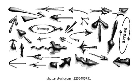 set of bizarre unusual arrows in pseudo 3d halftone style. Forms of figures in the modern style of brutalism