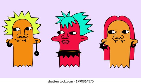 set of bizarre zombie portraits for halloween. Quirky alien faces for All Saints Day. Funky and groove people with red and green skin. Templates for tattoo. Crazy punk rock monsters