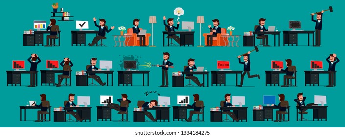 Set. Biznesmet uses a computer. Vector illustration, flat design drawing.