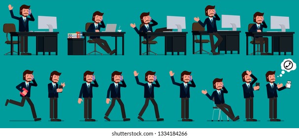 Set. Biznesmet uses a smartphone in different situations, in different poses. Vector illustration, flat design drawing.