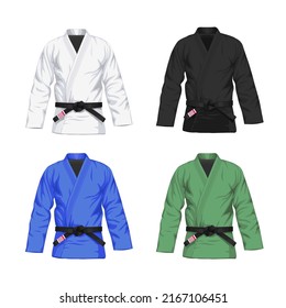 Set of Bjj kimonos in different colors with black belt vector realistic illustration. White, black, green, blue BJJ gi with black belt. Isolated on white background.