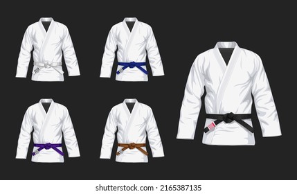 Set of BJJ White Gis with different belts flat vector illustration. Kimono with all belts vector illustration in flat style. Brazilian Jiu-Jitsu kit. Isolated on black background.	