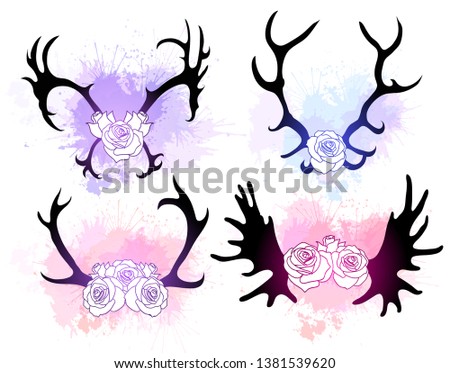 Set of blac silhouettes of deer and elk horns with flowers and gently watercolor splashes. The object is separate from the background. Vector element for scrapbooking, invitations and your design