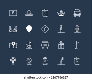 Set Of black 20 linear icons such as Recycle bin, Hydrant, School bus, House, Parking meter, Sewage, Elections, Map, editable stroke vector icon pack