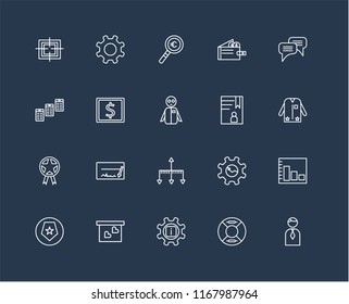 Set Of black 20 linear icons such as Businessman, Suit, Chat, Wallet, Shield, Gear, Newspaper, editable stroke vector icon pack