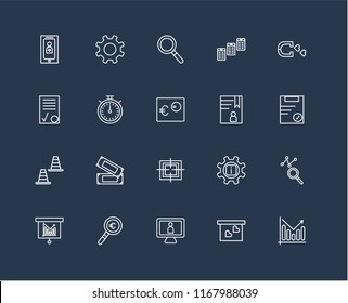 Set Of black 20 linear icons such as Analytics, Clipboard, Magnet, Newspaper, Bar chart, Gear, Info, Contract, editable stroke vector icon pack