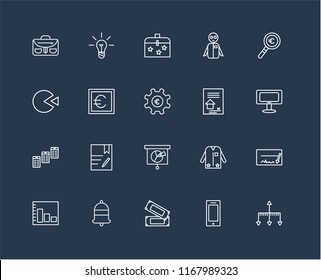 Set Of black 20 linear icons such as Hierarchical structure, Monitor, Magnifying glass, Group, Bar chart, Idea, Suit, Pie editable stroke vector icon pack
