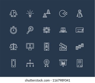 Set Of black 20 linear icons such as Contract, Cheque, Group, Pie chart, Smartphone, Idea, Money, Chronometer, editable stroke vector icon pack
