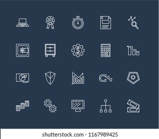 Set Of black 20 linear icons such as Money, Diagram, Analytics, Diskette, Newspaper, Prize, Magnet, Safebox, editable stroke vector icon pack