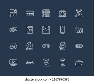 Set Of black 20 linear icons such as Folder, Science book, Professor, University, Video player, Browser, Xls, Chat, editable stroke vector icon pack