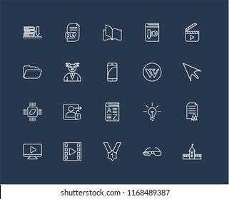 Set Of black 20 linear icons such as University, Mouse, Video player, Audiobook, Xls, Idea, Folder, editable stroke vector icon pack