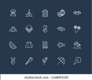 Set Of black 20 linear icons such as Ice cream, Flower, Palm tree, Watermelon, Swimsuit, Sand castle, Clown fish, Cave, editable stroke vector icon pack
